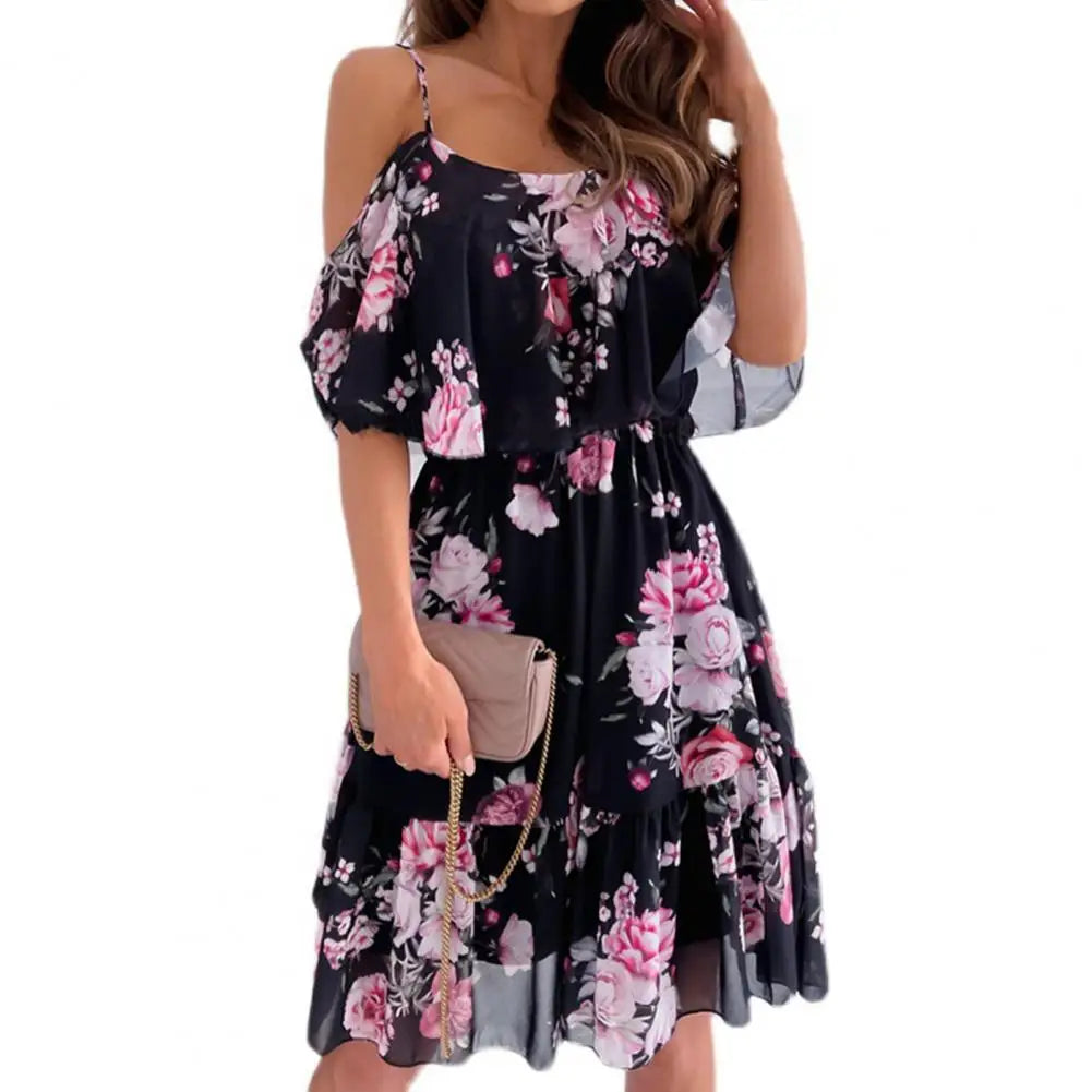 Trendy Mini Dress Flower Print Flounce Edge Colorful Above Knee Short Sleeve Women Dress Female Dress Spaghetti Strap