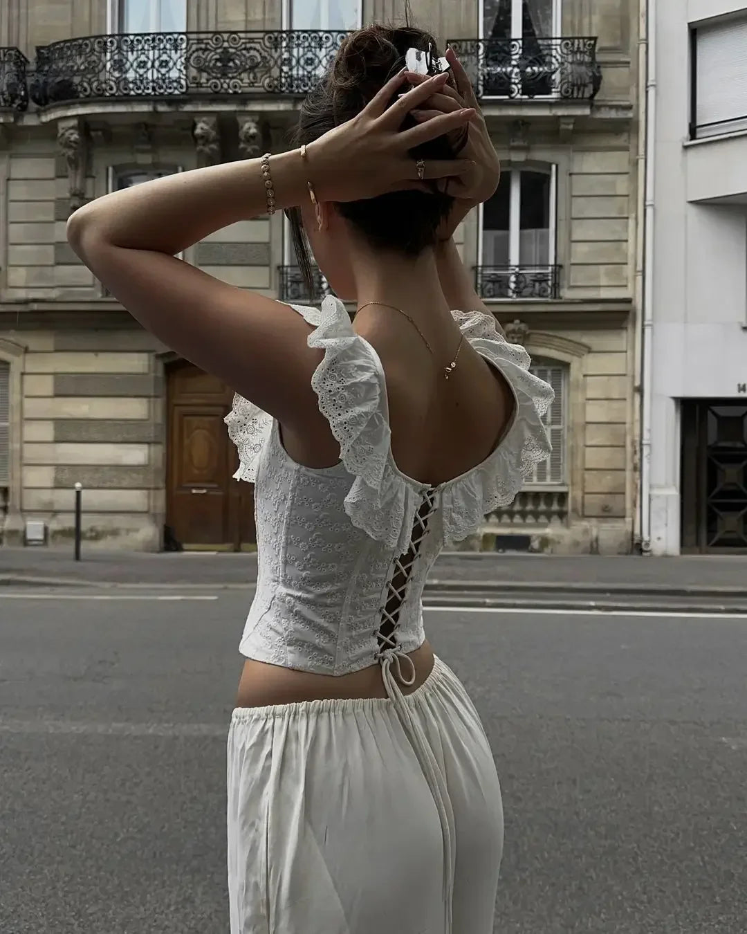 OIINAA Crop Top Women Slash Neck Ruffled Slim Y2k Tops Backless Cross Lace Up White Tank Top Summer 2025 Spice Girls Sexy Tops