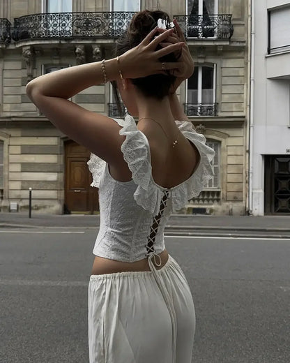 OIINAA Crop Top Women Slash Neck Ruffled Slim Y2k Tops Backless Cross Lace Up White Tank Top Summer 2025 Spice Girls Sexy Tops