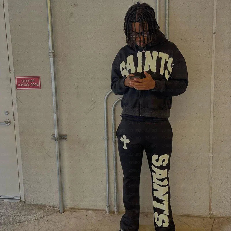 Y2K New European and American Fashion High Street Trendy Sweatshirts Hip Hop Zipper Jacket for Men Letter Patch Loose Hoodies