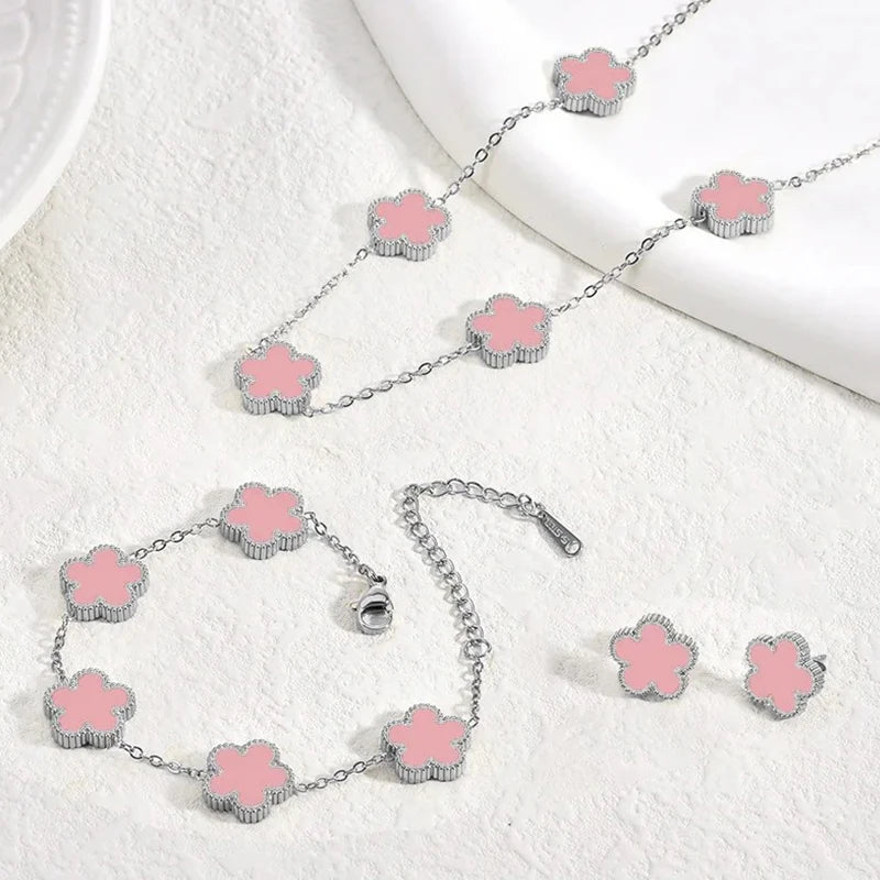 Stainless Steel Sets Earrings Necklace Bracelet Christmas Birthday Gifts Gold Plated Women's Double Sided Flower Elegant Fashion