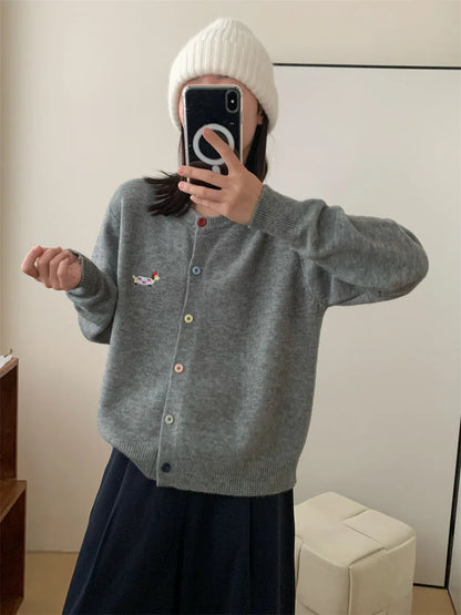 Women Knitwear Chic Embroidery Loose Casual Cardigan Autumn Winter Soft Elegant O-neck Sweaters Commute Basic Knitted Tops