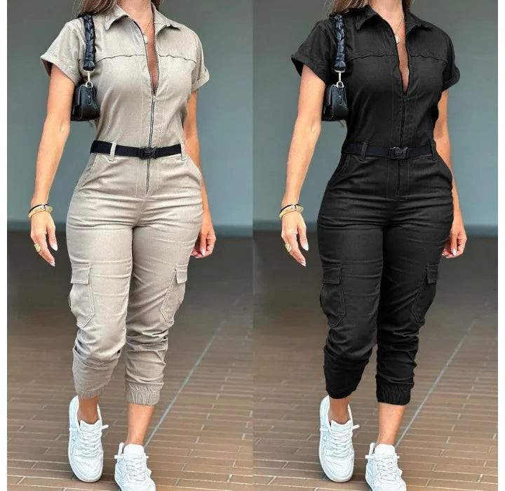 Sexy Women's Jumpsuit 2024 Summer New Fashion Zipper Workwear Short Sleeved Lapel Multi Pocket Waistband Bodysuit Pants Female
