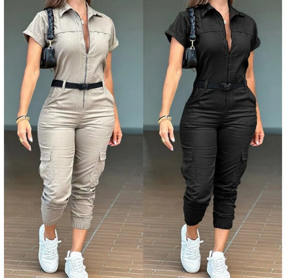 Sexy Women's Jumpsuit 2024 Summer New Fashion Zipper Workwear Short Sleeved Lapel Multi Pocket Waistband Bodysuit Pants Female