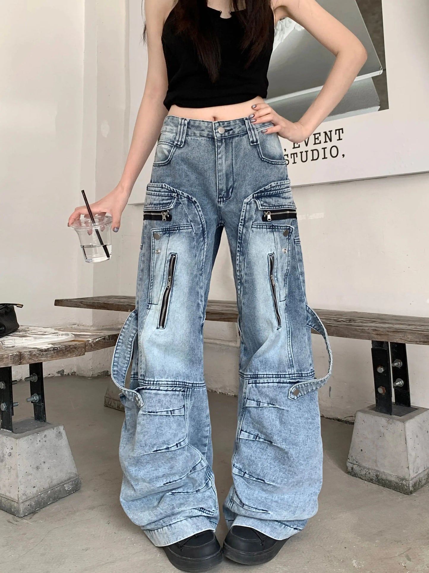Women's Blue Cargo Baggy Jeans Y2K American High Street Oversize Harajuku Aesthetic Vintage Jeans Pants Trousers Clothing 2025 Picture Color
