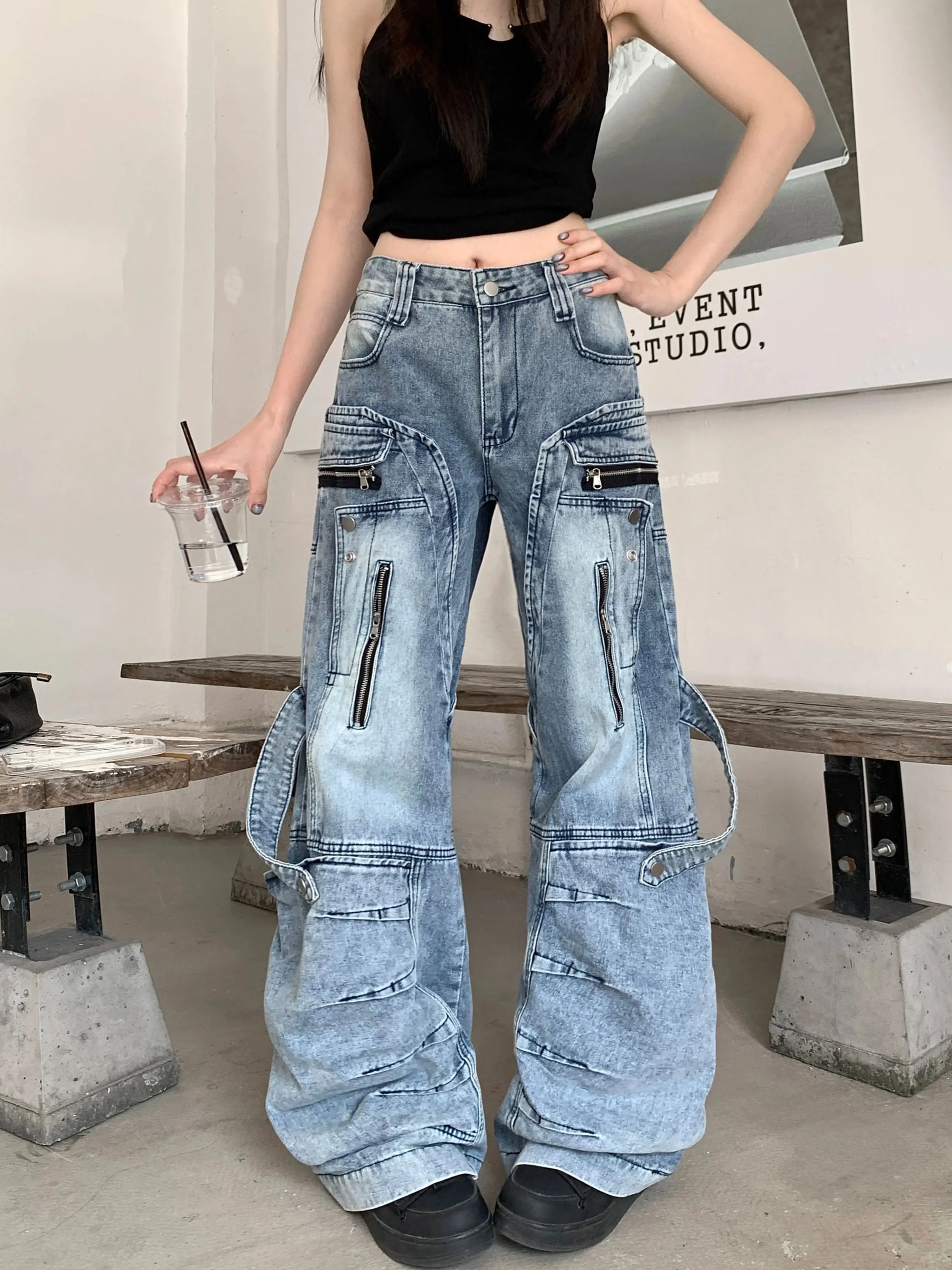Women's Blue Cargo Baggy Jeans Y2K American High Street Oversize Harajuku Aesthetic Vintage Jeans Pants Trousers Clothing 2025 Picture Color