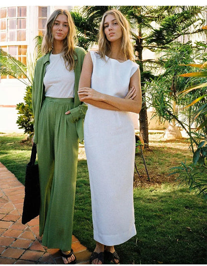 Summer New 100% Linen Sleeveless Crop Top Women's Loose Casual Solid Color Cute Tops Round Neck Minimalist Short T-Shirts