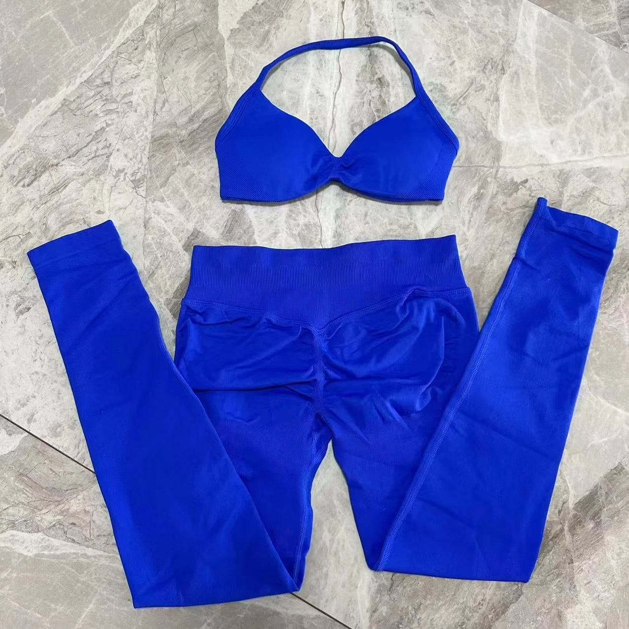 No Logo Seamless Yoga Set Women Workout Scrunch Leggings Set Strappy Halter Sports Bra Fitness Gym Clothing Workout Set 2 Pieces Badiee Stylez