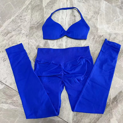 No Logo Seamless Yoga Set Women Workout Scrunch Leggings Set Strappy Halter Sports Bra Fitness Gym Clothing Workout Set 2 Pieces Badiee Stylez