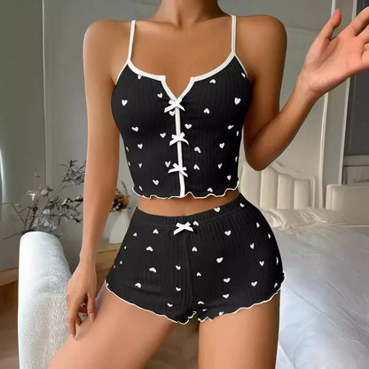 Sleepwear Women Pajamas Set Heart Print Soft Ribbed Fabric with Flirty Frill Trim Casual Cami Top and Shorts Sets Loungewear 1
