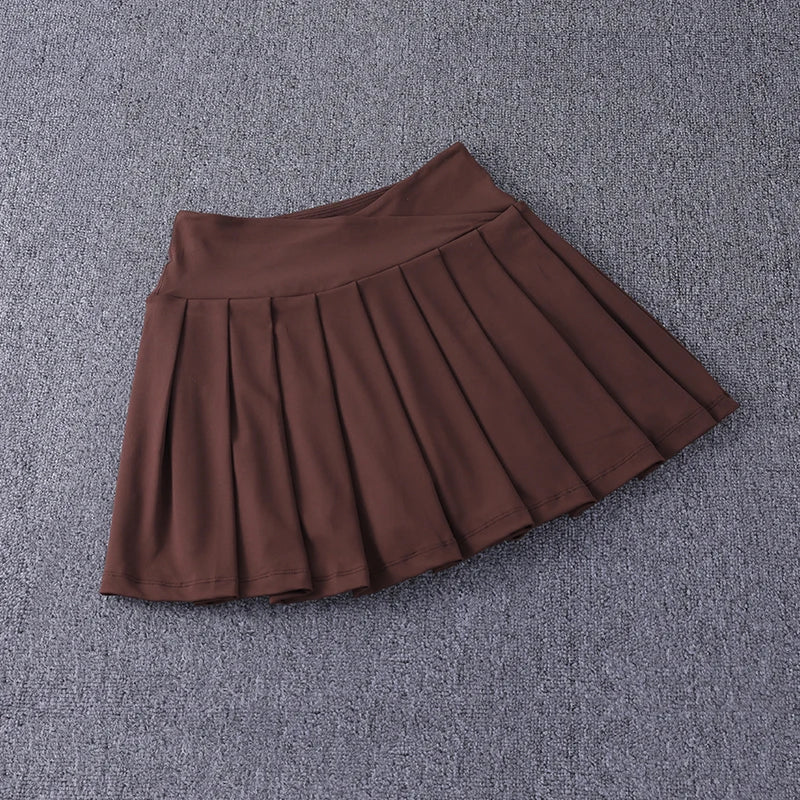 2024 New Best-Selling Pleated Nylon Spandex High Waisted Pocket Skirt With Anti Glare A-Line Sports Tennis Skirt Brown