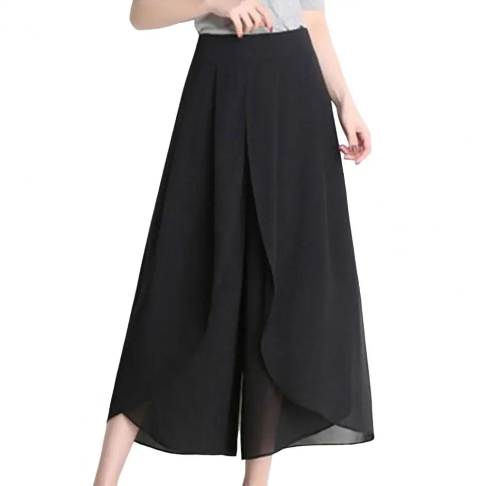 High Waist Pants See-through Chiffon Trousers Chic Women's Chiffon Skirt Pants Double Layered Wide-leg Mid-calf Cropped for A black