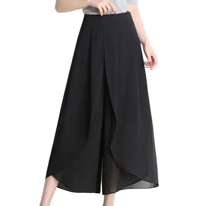 High Waist Pants See-through Chiffon Trousers Chic Women's Chiffon Skirt Pants Double Layered Wide-leg Mid-calf Cropped for A black