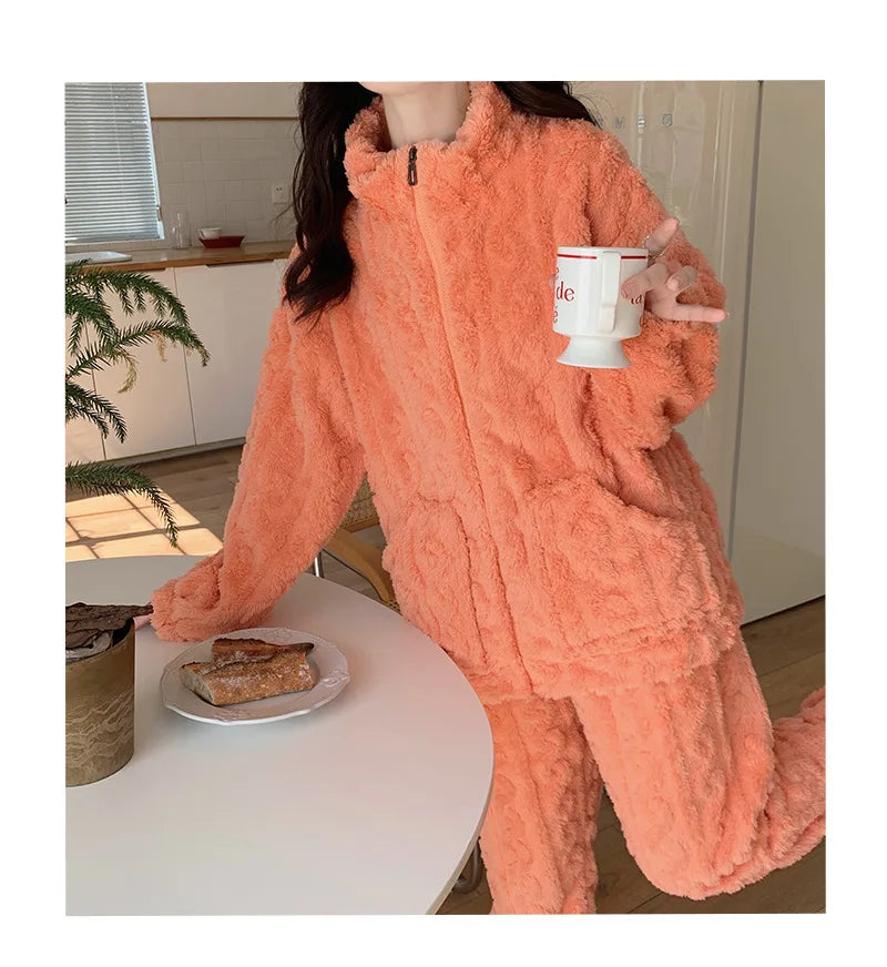 Large Size Flannel Pajamas Set Autumn Winter Female Sleepwear Trouser Suit Thicken Coral Fleece High Collar Lounge Wear Homewear