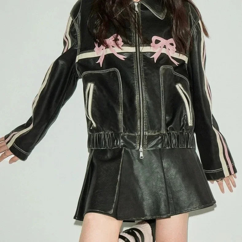 Zekye Vintage Women's Faux Leather Jacket Autumn Winter Lapel Collar Bow Detail Zipper Overcoat Fashionable Outerwear