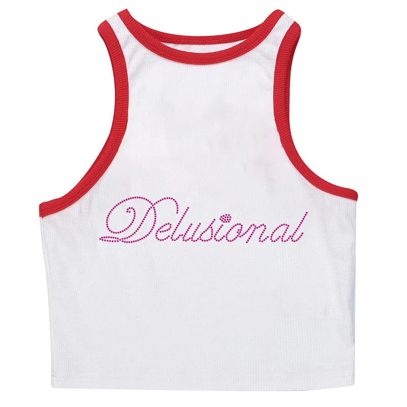 Vintage Punk Rhinestone Letter Gothic Sleeveless Streetwear Short Sleeve Sexy T Shirt Y2k Style Crop Tank Top Women Summer Camis Silver