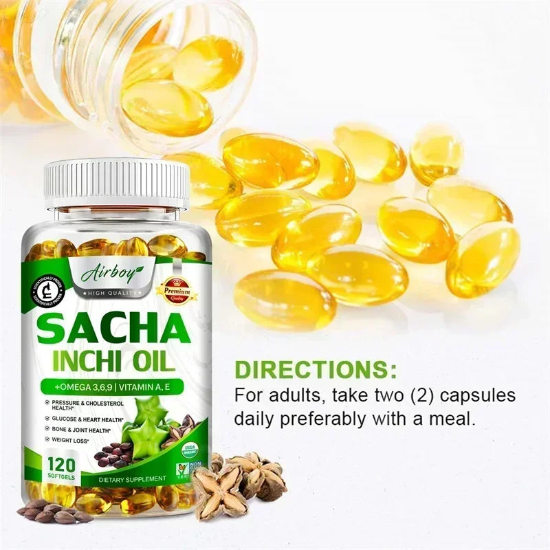 Sacha Inchi Oil Capsules - Supports Brain, Heart, Eye, Skin Health, Balances Cholesterol, Improves Digestion, Boosts Immunity
