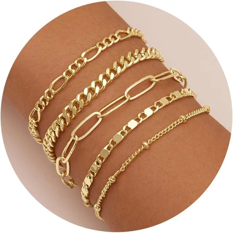 Gold Bracelets Set for Women,14K Gold Plated Dainty Gold Link Chain Bracelets Trendy Stackable Gold Cuff Bracelets Jewelry Gifts 5 Pcs Gold Set 17.5cm