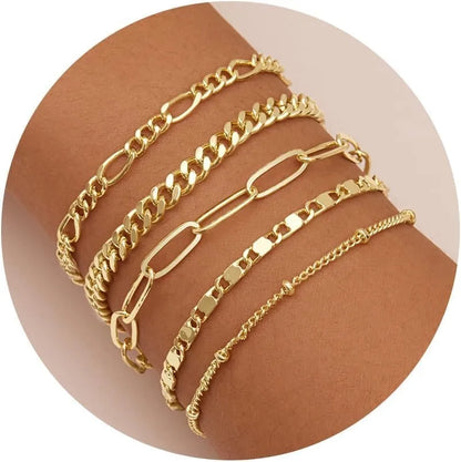 Gold Bracelets Set for Women,14K Gold Plated Dainty Gold Link Chain Bracelets Trendy Stackable Gold Cuff Bracelets Jewelry Gifts 5 Pcs Gold Set 17.5cm