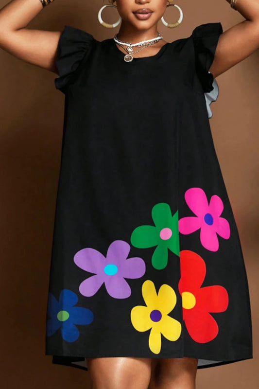 Women's Plus Size Mini Dress Ruffle Sleeve Round Neck Floral Printed Vintage Loose Casual Elegant Retro Summer 2025 Dresses