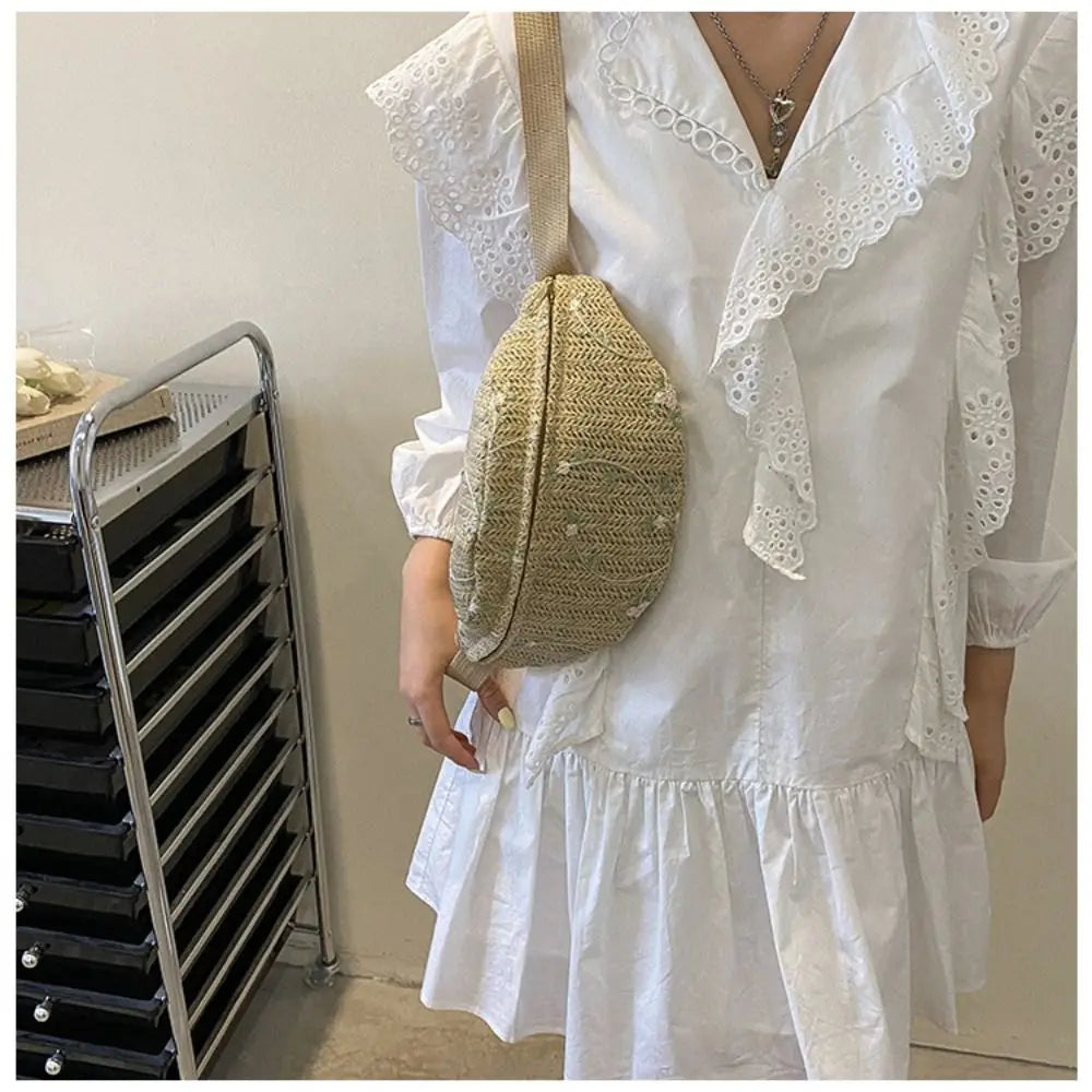 Fashion Straw Chest Bag Sports Waist Packs Shoulder Purse Beach Travel Casual Fanny Belt Bag Crossbody Shoulder Chest Handbag