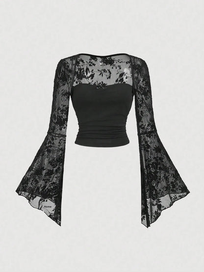 Design Sensation Lace Splicing Long Sleeve Mesh T-Shirt Sexy Elegant Style Full Sleeve Square Collar Polyester Fiber Top