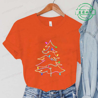 Women's Casual T-Shirts Christmas Lights Xmas Tree Print T-Shirt Christmas Party Design Tops Short Sleeve Ladies T Shirts Tops