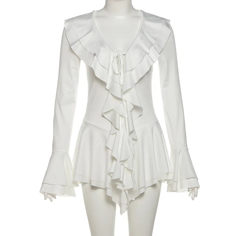 2025 New Autumn Irregular Hem Dress Women Y2K Flare Sleeve V-Neck Bandage Stretch Elegant Birthday Party Chic Hipster Bodycon Badiee Stylez