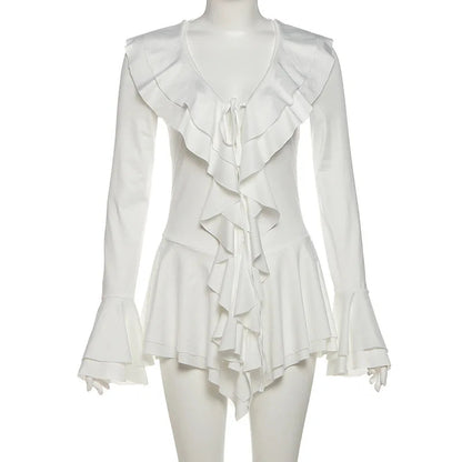 2025 New Autumn Irregular Hem Dress Women Y2K Flare Sleeve V-Neck Bandage Stretch Elegant Birthday Party Chic Hipster Bodycon Badiee Stylez