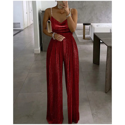 Off The Shoulder Stud Sexy Strap Women's Dinner Romper Spring Summer New Fashion Pleated Loose Straight Leg Female Long Romper