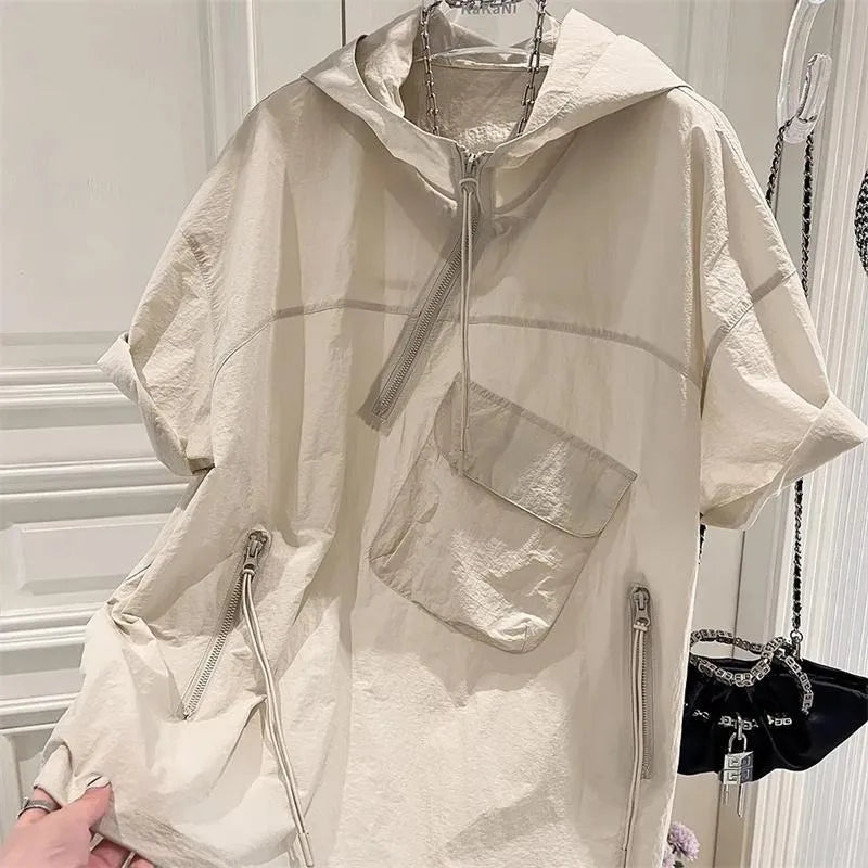 Summer Hoodies Women's Clothing Short Sleeve Hooded Half Zipper Y2k Tops Streetwear Casual Fashion Korean Sweatshirt Ropa Mujer