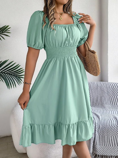 Spring and Summer Elegant High Waisted Dress Square Neck Short Sleeved Ruffled Edge Long Dresses for Women Badiee Stylez