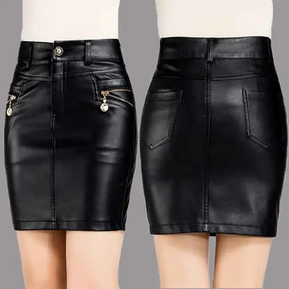 Simplee Sexy high waist PU leather skirt Autumn winter 2017 elegant zipper pocket short women skirt black mini skirt