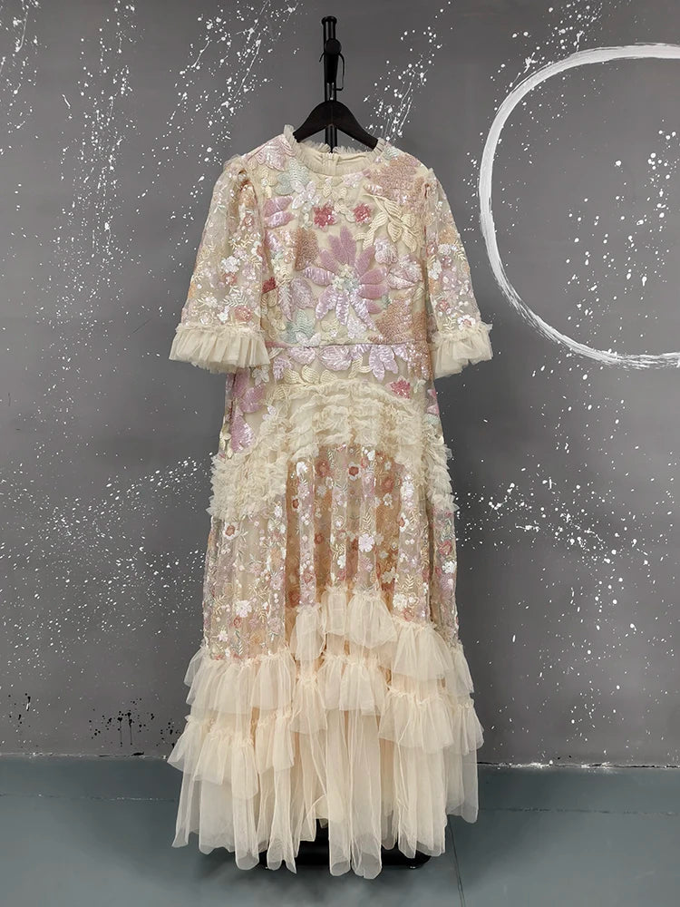 IEQJ Fashion Pink Embroidered Sequins Dress Women's Round Neck Ruffles Half Sleeves Ankle-length Dresses New 3A132 Badiee Stylez