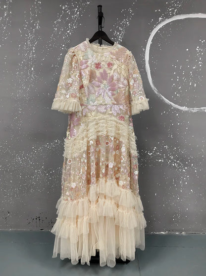 IEQJ Fashion Pink Embroidered Sequins Dress Women's Round Neck Ruffles Half Sleeves Ankle-length Dresses New 3A132 Badiee Stylez