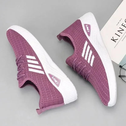 woman Mom Shoes Mesh Low-Top Running Student Shoes Trendy Shoes New Fly-Knit Sneakers Spring and Summer Soft Bottom Casualshoes PURPLE-A