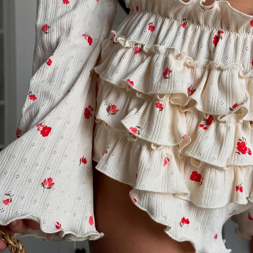 Hiloc Home Ruffles Cute Print Shorts Suits Pajamas For Women Summer Flare Sleeve Wrap Blouse With Elastic Waist Shorts 2 Piece