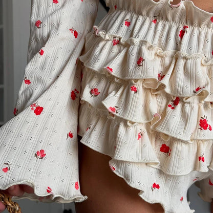 Hiloc Home Ruffles Cute Print Shorts Suits Pajamas For Women Summer Flare Sleeve Wrap Blouse With Elastic Waist Shorts 2 Piece