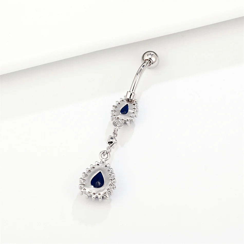 Luxury Blue Zircon Water Drop Belly Button Ring for Women Crystal Dangle Navel Piercing 14G Surgical Steel Barbell Body Jewelry