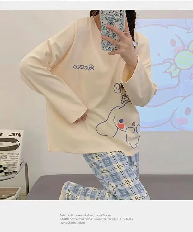 Spring and Autumn New Women's Thin Section Pajamas Homewear Suit Girls Summer Long-Sleeved Homewear Plus Size Cartoon Loose Suit