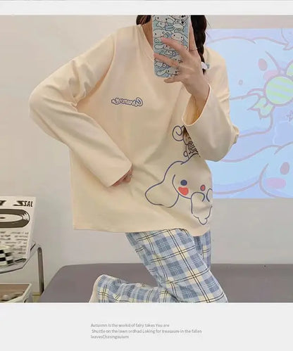 Spring and Autumn New Women's Thin Section Pajamas Homewear Suit Girls Summer Long-Sleeved Homewear Plus Size Cartoon Loose Suit