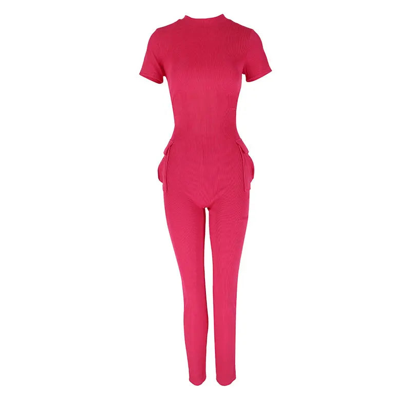 Spring New Women's Jumpsuits Sexy Sweet Pink Hollow Out Jumpsuit Streetwear Fashion Pockets Short Sleeve Female Elegant Rompers