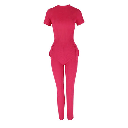 Spring New Women's Jumpsuits Sexy Sweet Pink Hollow Out Jumpsuit Streetwear Fashion Pockets Short Sleeve Female Elegant Rompers