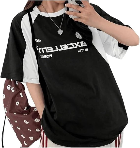 Women's Contrast Letters Printed Round Neck Short Sleeve T-Shirt Summer Women Clothing Fashion Korean Y2K Streetwear Tops