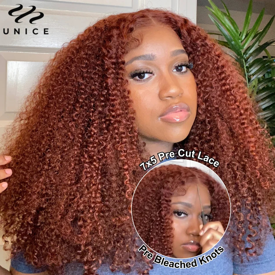 UNice Hair 7x5 Bye Bye Knots Wig Human Hair Reddish Brown Curly Lace Wig Wear Go Glueless Wig Pre Cut Bleached Lace Closure Wig Reddish Brown United States