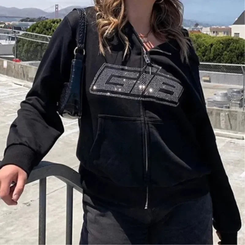 Y2K Gothic Butterfly Print Zip Up Women Hoodies 2025 Winter Grunge Skeleton Sweatshirt Casual Hooded Jacket Streetwear Hoodie