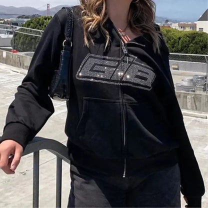 Y2K Gothic Butterfly Print Zip Up Women Hoodies 2025 Winter Grunge Skeleton Sweatshirt Casual Hooded Jacket Streetwear Hoodie