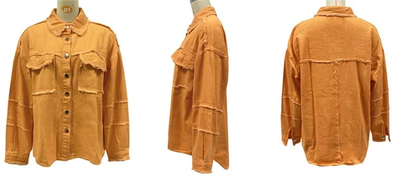 2025 Spring Autumn Shirt Style Denim Jacket Women Holes Raw-edges Jeancoat Casual Tops Female Oversize Loose Outerwear 7 Colors