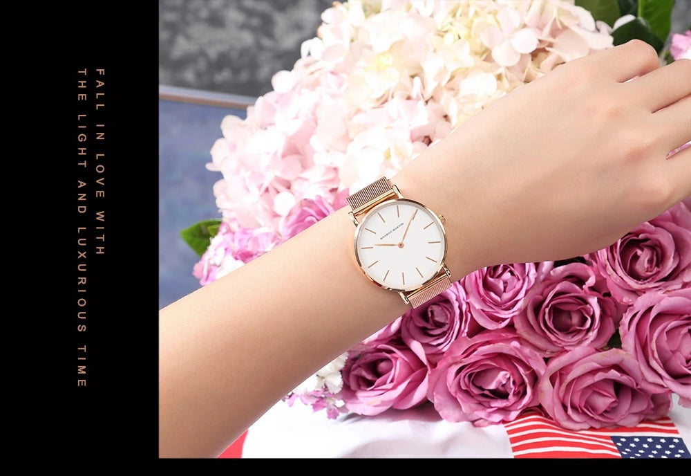 HANNAH MARTIN Brand Classic Women Quartz Watch 36mm Rose Gold Stainless Steel Mesh Strap Japanese Movement Girl Gift Wrist Watch