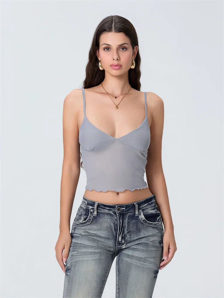 Women Camisole Tops Spaghetti Straps Tulle Patchwork Slim Fit Tank Tops Party Club Sexy Vinateg Corset Cropped Top Summer